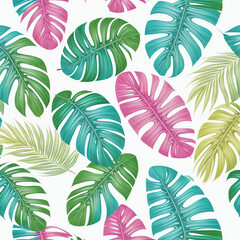 illustration green and pink tropical mix leaves random pattern, pastel background wallpaper style