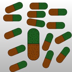 green and red pills .Many capsules design infographics together.
