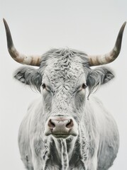 A close up view of a bull showing its large horns in detail