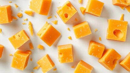 Cubes of cheddar cheese isolated on white
