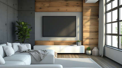 TV is mounted on the wall in the corner of a gray and wooden living room lounge with white corner sofa interior