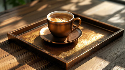 A wooden tray with a coffee cup and a glass of coffee