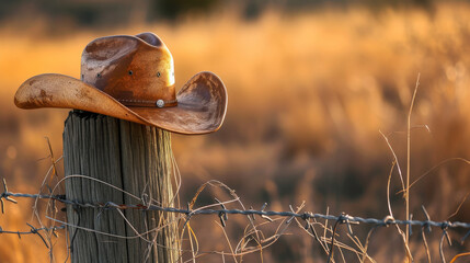A cowboy hat on a wooden post