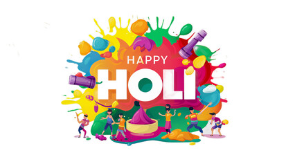 Happy Holi in colorful text on a transparent background