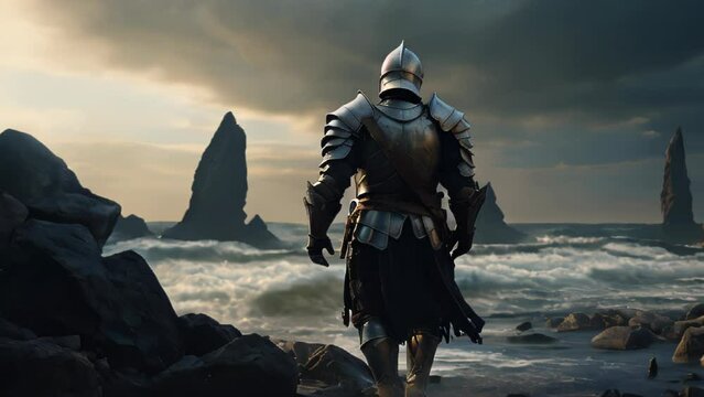 Knight standing with his back turned on a rugged shoreline, under a sky covered in dark clouds.
