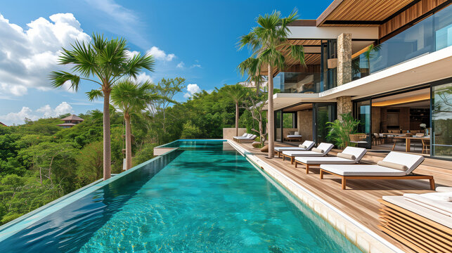 A large pool with a beautiful view of the ocean. The pool is surrounded by trees and has a patio area with lounge chairs