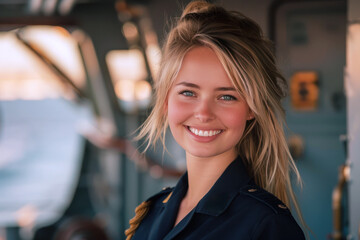 Blonde woman navy soldier smile in daily service uniform