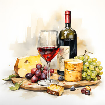 A Delightful Composition: Wine, Cheese, and Grapes Painting