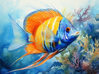 Angelfish, water color, drawing, vibrant color, cute
