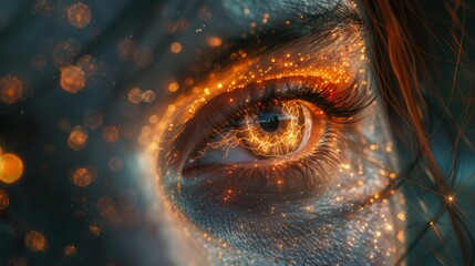 A closeup of a persons eye with a holographic brain projection overlaid hinting at the intimate connection between the physical body and the projected mind.