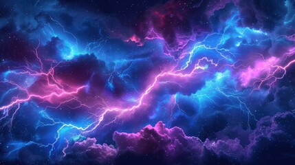 Dynamic vector lightning bolt streaks across sky. Dramatic vector lightning in stormy sky. - obrazy, fototapety, plakaty
