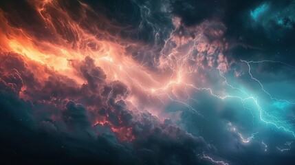 Dynamic vector lightning bolt streaks across a stormy sky. Captures dramatic and electrifying atmosphere. - obrazy, fototapety, plakaty