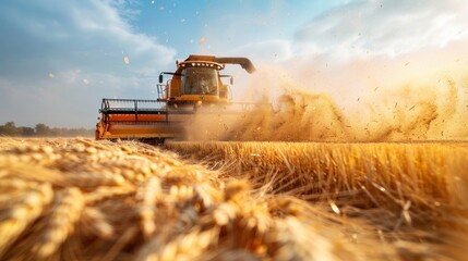Obraz premium Vibrant Harvester. Action shot of a combine harvester amidst golden wheat fields during harvest.
