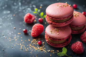 Stack of pink macarons with raspberries and mint on a table
