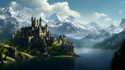 Rolgordijnen A breathtaking view of a medieval castle nestled amidst the towering peaks of the Swiss Alps, its rugged beauty and timeless charm captivating the imagination of all who behold it. © Graphica Galore