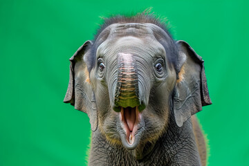 A baby elephant with its trunk up and looking at the camera
