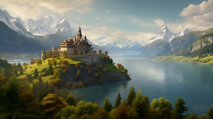 A castle nestled amidst the tranquil beauty of the Swiss Alps, its ivy-covered walls and towering spires bathed in the warm glow of the morning sun, a timeless symbol of grace and elegance. - obrazy, fototapety, plakaty