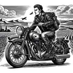 Fototapeta na wymiar A man on motorcycle with old engraving vector style