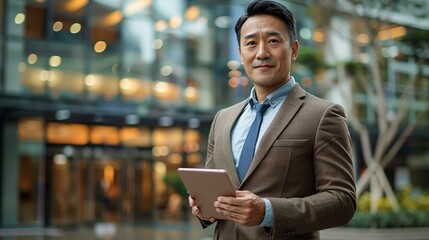 Asian negotiator with tablet, corporate deals and partnerships