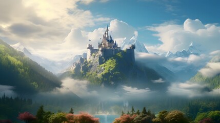A fairytale castle nestled amidst the serene beauty of the Alpine landscape, its spires reaching towards the heavens as if touching the very clouds, a symbol of grandeur and romance. - obrazy, fototapety, plakaty