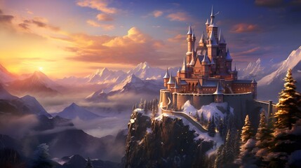 A majestic castle nestled amidst the rugged peaks of the Swiss Alps, its ancient walls and turrets rising proudly against the backdrop of a fiery sunset, a beacon of hope and refuge in a world of unce