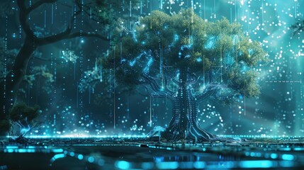 Futuristic Cybernetic Tree in Luminous Digital Landscape
