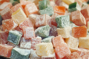  turkish delight or lokum of red, green, orange and yellow colors.