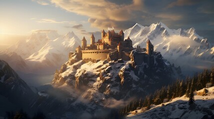 A majestic medieval castle perched atop a rugged alpine peak, its stone walls bathed in golden sunlight against the backdrop of snow-capped mountains. - obrazy, fototapety, plakaty