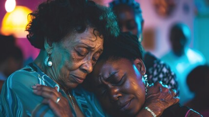 Elderly woman comforting adult daughter at family gathering, showcasing intergenerational support and empathy within home environment. Emotional support and family bonds. - obrazy, fototapety, plakaty
