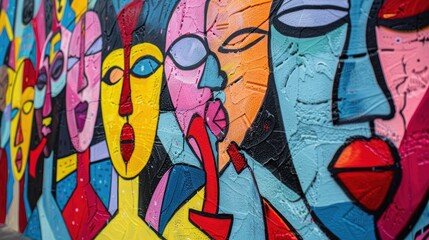 Vibrant street art mural showcasing diverse array of colorful faces in urban setting. Expression through graffiti and public art.