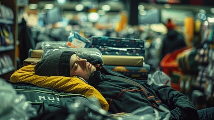 Man resting on display mattress in busy store, exemplifying need for relaxation in consumer environment. Society's approach to stress relief. - obrazy, fototapety, plakaty