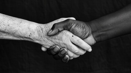 Intergenerational black and white handshake depicting racial harmony and diversity. Mutual respect and understanding between different generations and cultures.