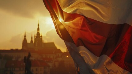 Majestic flag of Czech Republic waving in golden light of dawn with historical Prague skyline in background. National pride and heritage. - obrazy, fototapety, plakaty