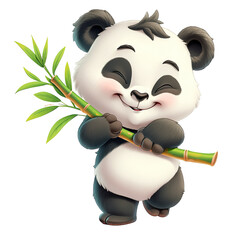 The cartoon panda baby stands smiling happily with a piece of bamboo in his hand In one's clothes Front view, side view, rear view PNG