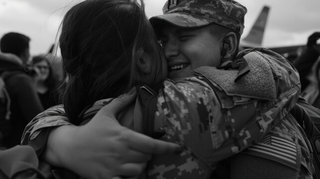 Joyful military man in uniform sharing warm embrace with woman at airfield. Emotional reunion and support for armed forces members.