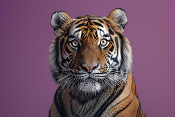 A tiger is staring at the camera with its eyes wide open