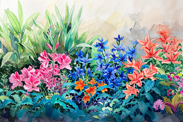 A painting of a garden with pink and orange flowers