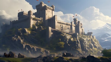 A medieval stronghold standing sentinel atop a rocky promontory, its towering walls and sturdy bastions offering a formidable defense against any would-be invaders, commanding respect and admiration. - obrazy, fototapety, plakaty