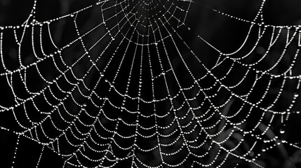 A spiders intricate web glistening with dew drops remaining strong and resilient despite the lack of moisture in the air. - obrazy, fototapety, plakaty