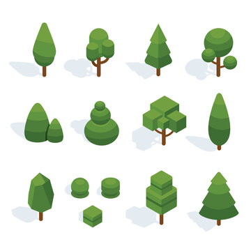Green Flat Isometric Tree Collection