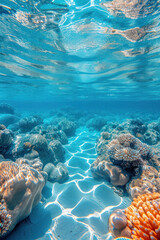 Top view of the clean transparent water and coral reef on the beach