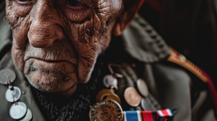 Elderly war veteran with medals of honor reflecting on past glories and sacrifices, representing remembrance and military service history. - obrazy, fototapety, plakaty
