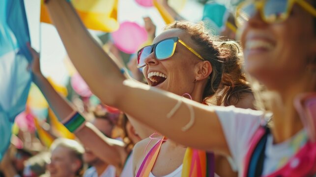 Joyful diverse crowd celebrating at vibrant outdoor festival. Unity and community at public events.