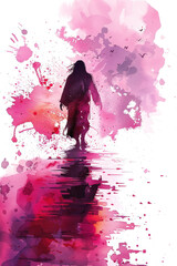 Pink splash watercolor of Jesus Christ walking on water