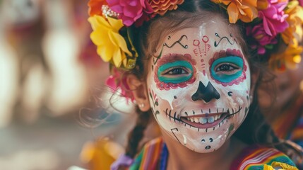 Young girl celebrating Dia de los Muertos with traditional skull makeup and colorful flower crown. Cultural festival representation and Day of Dead celebration.
