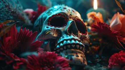 Decorated sugar skull surrounded by vibrant flowers celebrating Day of Dead. Traditional Mexican Dia de los Muertos festivity and cultural heritage.