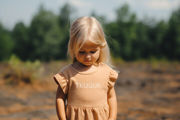Little blonde girl in camel dress, outdoors. Clothing for girls mock up.