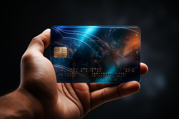 A hand holding a credit card, online payment. Digital internet network with global internet network connection. Financial concept.