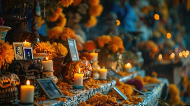 Traditional Day of Dead altar with lit candles, marigolds, and photos to honor and remember deceased. Cultural heritage and remembrance.