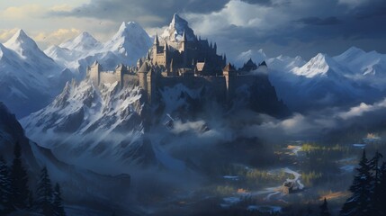 A remote mountain fortress perched on a craggy peak, its battlements illuminated by the soft glow of dawn, painting a breathtaking picture against the backdrop of snow-capped Alps.